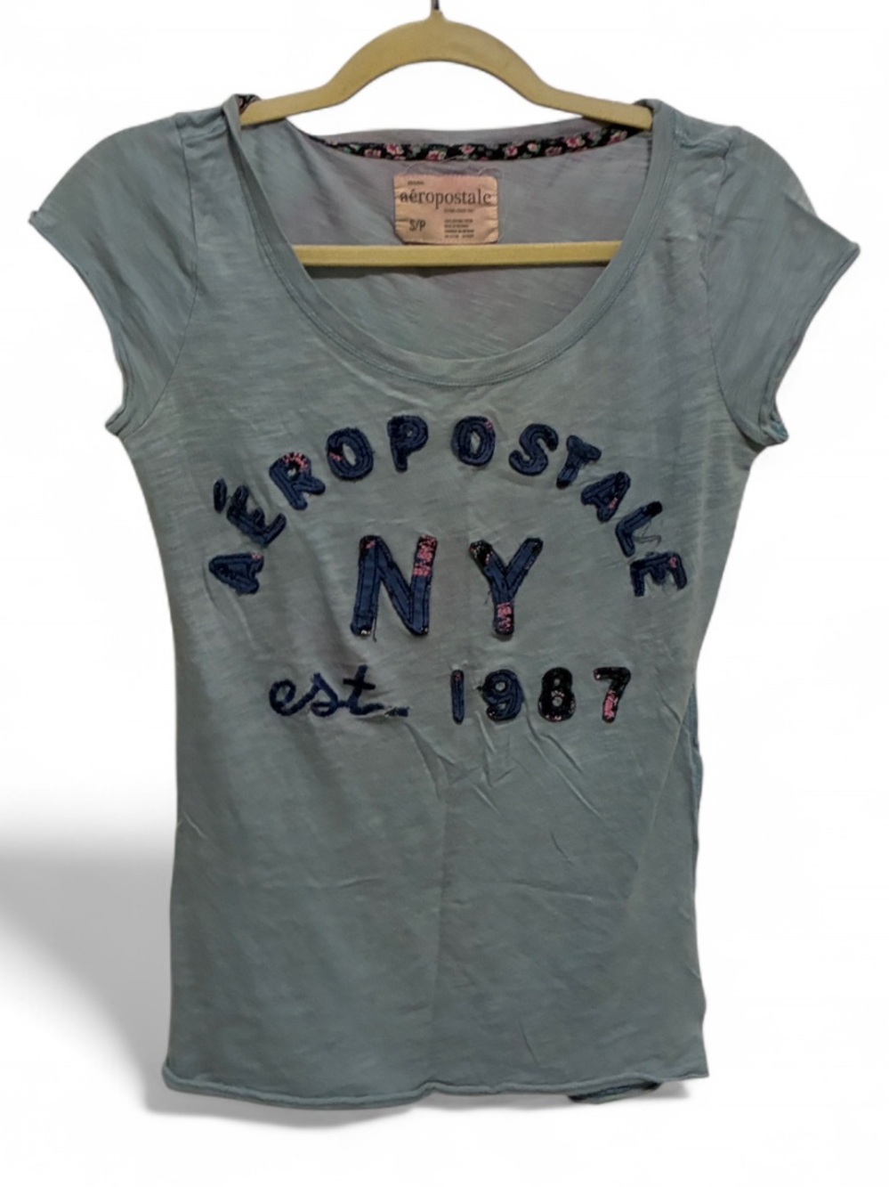 Y2K Aeropostale Pale Blue NY Logo Scoop Neck Short Sleeve Tee Shirt